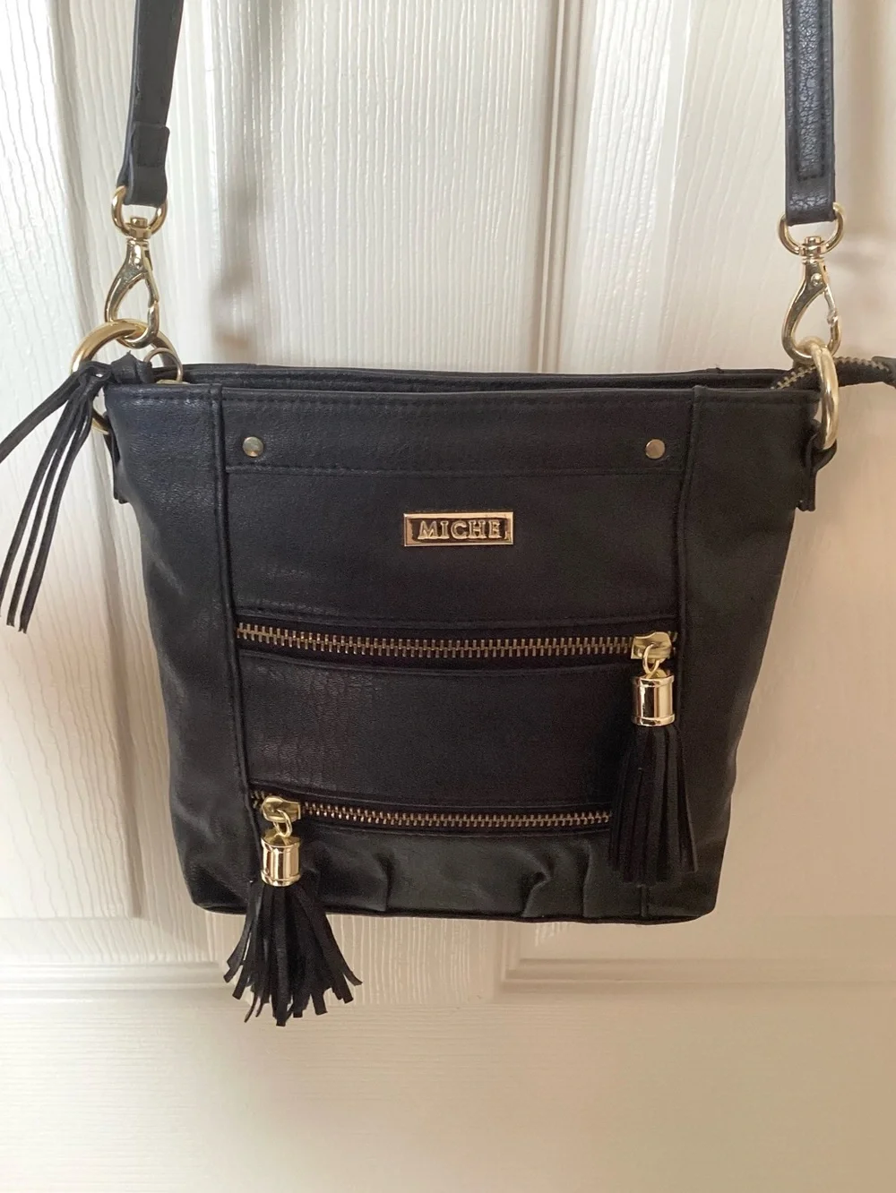 Miche Black Crossbody with Gold Hardware and Tassels